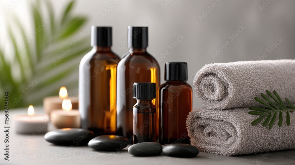 Spa Arrangement with Bottles, Towels, Stones, and Candles Spa Arrangement with Bottles, Towels, Stones, and Candles