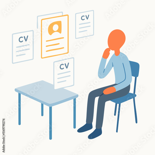 Isometric Person Sitting and Thinking About Applying Job with Resume