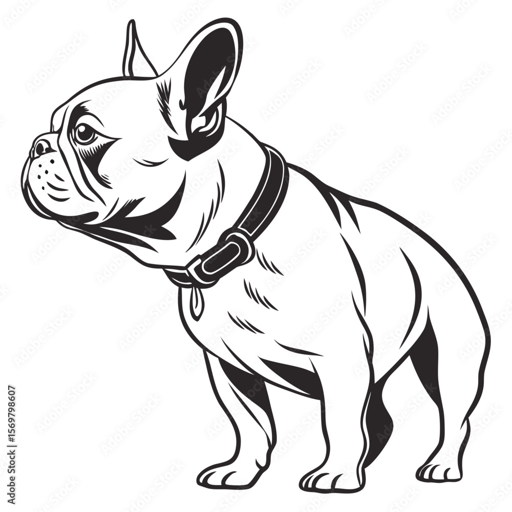 Fototapeta premium Black and White French Bulldog Illustration Standing Profile