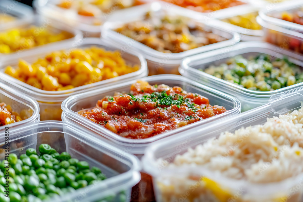 Generative AI image of healthy meal prep containers with vegetables, meat, and assorted side dishes for convenient takeaway lunch Generative AI image of healthy meal prep containers with vegetables, meat, and assorted side dishes for convenient takeaway lunch