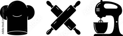 Baking essentials icons chef hat rolling pins and mixer vector illustration for culinary designs vector