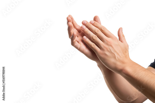 Close-up of man hands clapping against white background, expressing approval, appreciation, celebration, support, encouragement, recognition, positivity, and unity on transparent background