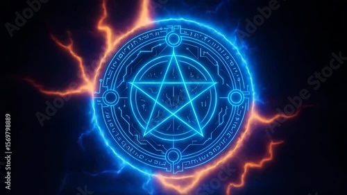 A mesmerizing glowing pentagram symbol surrounded by vibrant blue and orange lightning effects, invoking mystical and spiritual themes in a dark background, ideal for fantasy artwo