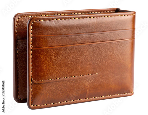 Minimalist Leather Wallet with Clean Simple Stitching, Side View, Isolated on Transparent Background