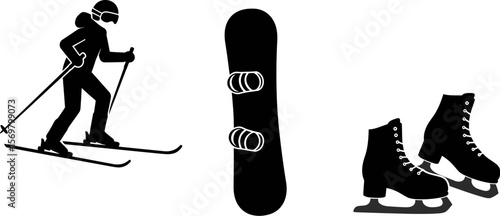 Winter sports equipment vector illustration: skiing, snowboarding, and ice skating icons design vector