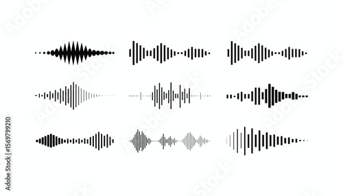 Set of black audio waveforms and sound wave icons in modern minimal style, isolated on white background for music, podcast, and tech designs.