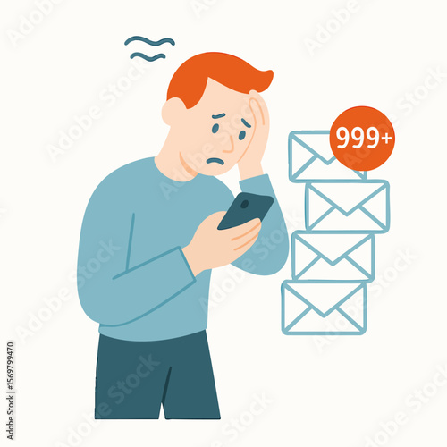 Flat Illustration Overwhelmed Man Holding Smartphone with Inbox Notification