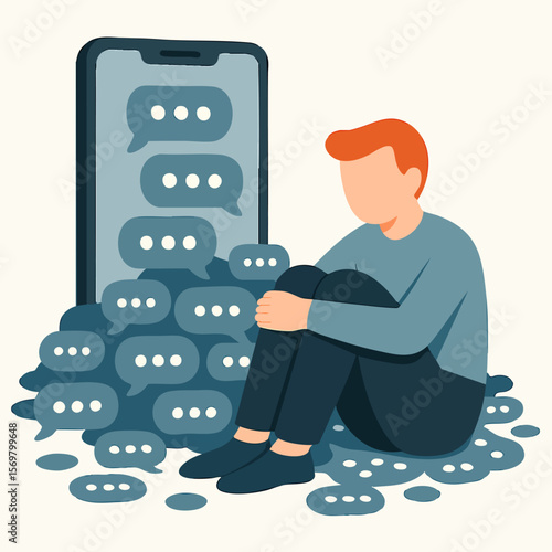 Flat Illustration Sad Man Leaning on Mobile Phone with Chat Bubbles