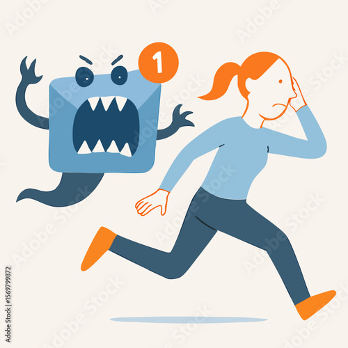 Flat Illustration Running Woman Scared of Spooky Email Notification Alert