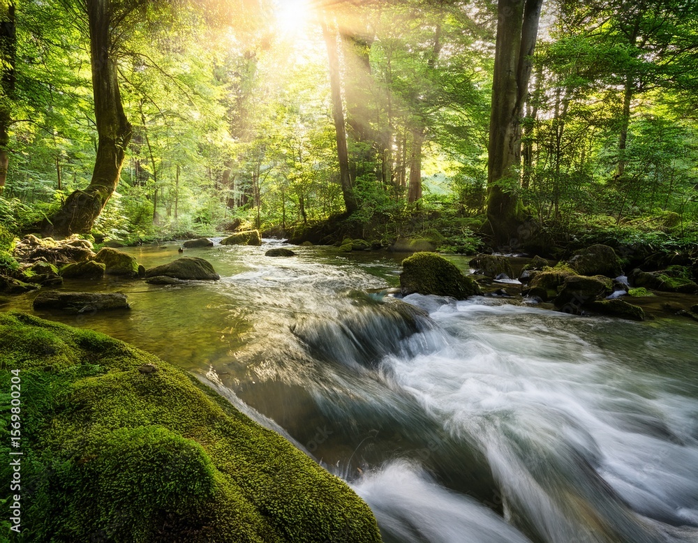 serene stream flowing through lush forest landscape with natural light serene stream flowing through lush forest landscape with natural light