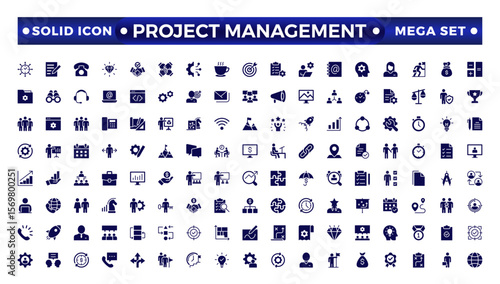 Project management solid icon collection. Time management and planning concept. Business or organization management icons for web and mobile apps. Time management, planning, project, and startup.

