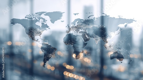 Fototapeta Naklejka Na Ścianę i Meble -  World map overlay with city lights blurred in background showcasing global connectivity and urban lifestyle in modern environment