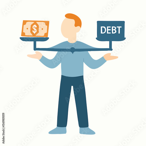 Flat Style Illustration of Balancing Money and Debt on Scale with Person