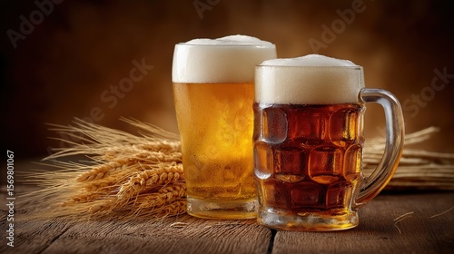 Two Beer Mugs with Wheat on Wooden Table, Natural Light Ultra-Realistic Detail, Ideal for International Beer Day and Brewing Fest Promotion