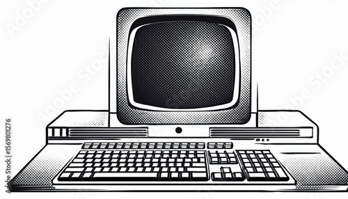 old computer in retro halftone grunge style on isolated white background in vector