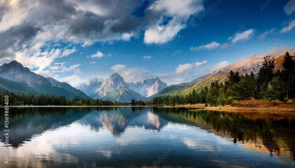 Fototapeta premium scenic lake landscape with mountains reflection under cloudy sky