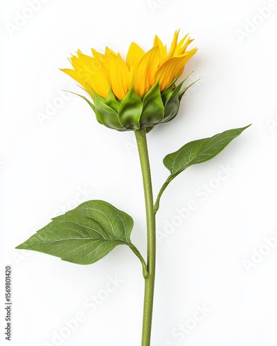 Bright Yellow Sunflower Bloom with Green Leaves on White Background