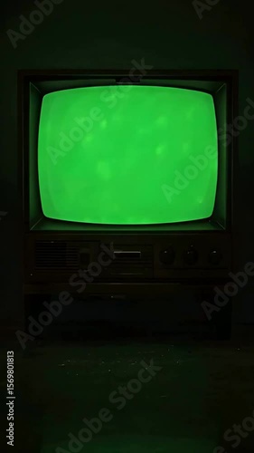 Old-fashioned TV with a green screen glowing in a retro-inspired, cozy room. Rich textures, vintage decor, and a low-angle 9:16 vertical view designed for chroma key use in video edits.