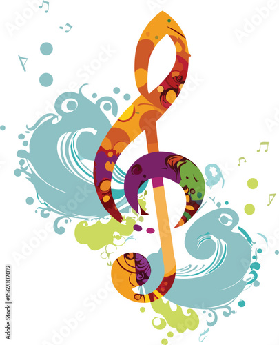 Colorful Treble Clef with Abstract Waves and Musical Notes Illustration