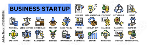 business startup icon set. Editable Stroke Icon Collection.  Business Plan, Idea Generation, Investment, Networking, Market Research, Pitch Presentation, Product Development, Branding, Marketing  