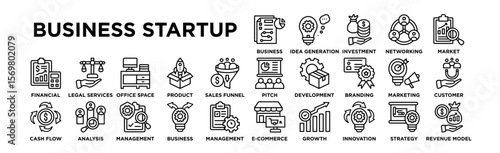 business startup icon set. Editable Stroke Icon Collection.  Business Plan, Idea Generation, Investment, Networking, Market Research, Pitch Presentation, Product Development, Branding, Marketing  