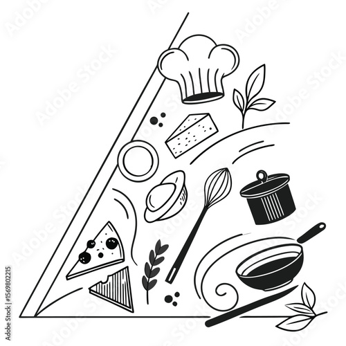 Black and White Kitchen Utensils and Ingredients Triangle Design