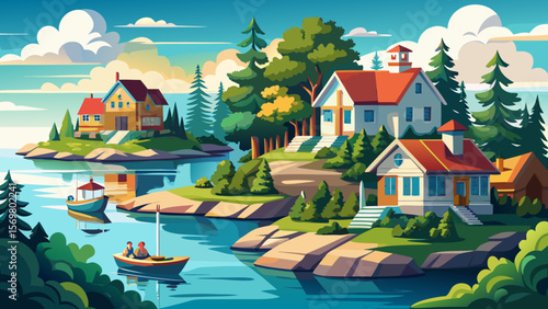 Thousand Islands, Ontario – Tiny lush islands dot calm waters, with colorful-roofed cottages and small boats gliding quietly between them.