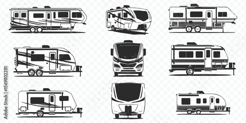 high resolution vector artwork featuring different types of recreational vehicles and trailers