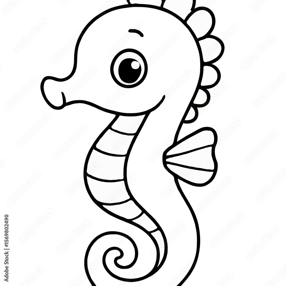Fototapeta premium Cute Cartoon Seahorse Coloring Page for Kids – Fun Ocean Animal Line Art Activity
