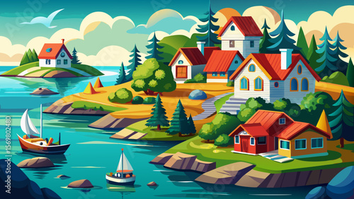 Thousand Islands, Ontario – Tiny lush islands dot calm waters, with colorful-roofed cottages and small boats gliding quietly between them.