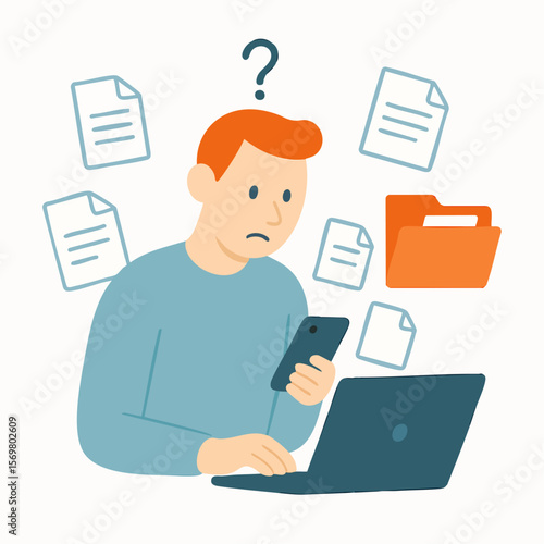 Flat Illustration Confused Man Overwhelmed by Documents and Information Overload