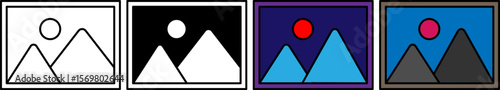 Image or gallery icon set in multiple styles including outline, inverted, and filled color. Vector-style symbol for photo viewer, image file, media content, or digital album interfaces.
