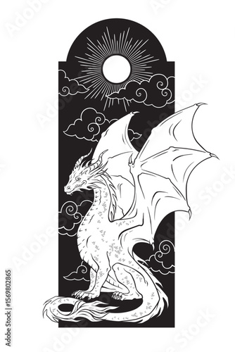 Dragon folklore magic animal over sky with sun and clouds hand drawn line art gothic tattoo design isolated vector illustration
