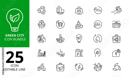 Green City Icons Pack – Sustainable Development, Zero Waste, Clean Energy, Eco Urban Smart Technology & Climate Action Vector Illustrations