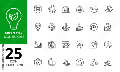 Green City Icons Pack – Sustainable Development, Zero Waste, Clean Energy, Eco Urban Smart Technology & Climate Action Vector Illustrations