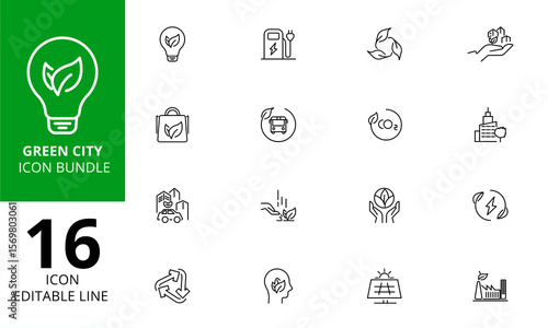 Green City Icons Pack – Sustainable Development, Zero Waste, Clean Energy, Eco Urban Smart Technology & Climate Action Vector Illustrations
