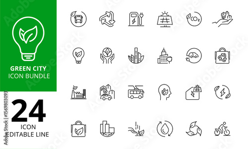 Green City Icons Pack – Sustainable Development, Zero Waste, Clean Energy, Eco Urban Smart Technology & Climate Action Vector Illustrations
