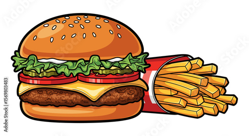 Illustration of a burger with sesame seed bun and fries in a red container on a white background