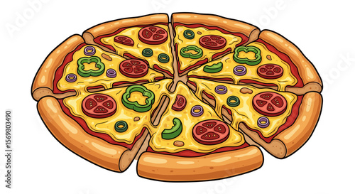 A pizza pie with tomato slices green peppers and onion rings cut into equal sized pieces on white background
