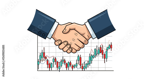 Illustration of a handshake over a stock market chart showing business agreement and financial success