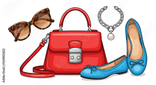 Illustration of a red handbag sunglasses necklace and blue ballet flats on a white background