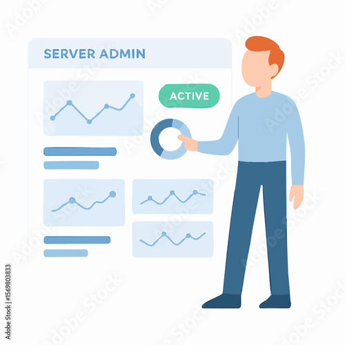 Flat Style Detailed Server Admin Pointing at Dashboard Analytics Illustration