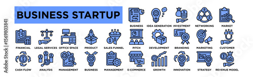 business startup icon set. Editable Stroke Icon Collection.  Business Plan, Idea Generation, Investment, Networking, Market Research, Pitch Presentation, Product Development, Branding, Marketing  