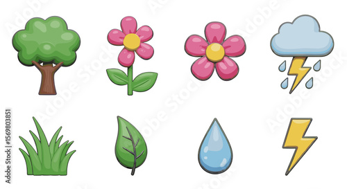 Illustration of a tree, flowers, grass, leaf, raindrop, cloud with rain and lightning icons set up nicely