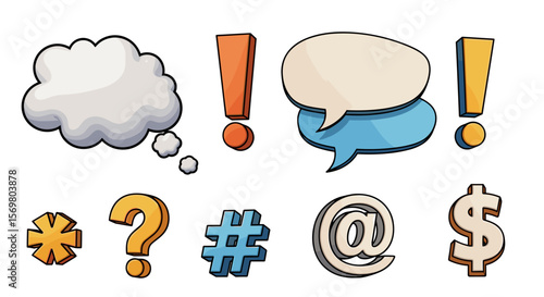 Illustration of cartoon speech bubbles with symbols including exclamation points and dollar signs and hash