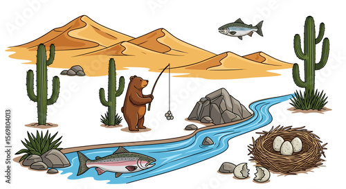 Illustration of a desert landscape with a bear fishing in a river near cacti and sand dunes