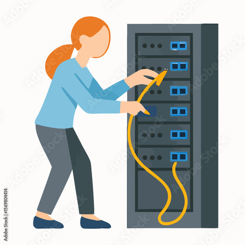 Flat Color Style Technician Connecting Server Rack Cable Illustration