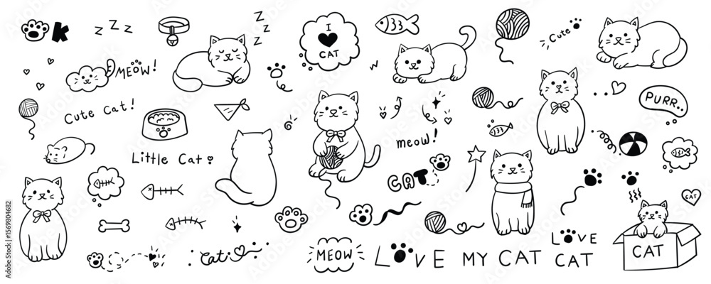 Fototapeta Hand drawn cute cat element line doodle concept set. Illustration vector design.
