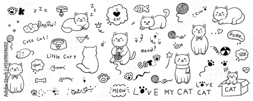 Hand drawn cute cat element line doodle concept set. Illustration vector design.