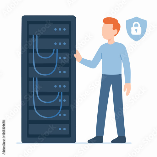 Flat Design Server Rack and Man Securing Data Center Illustration